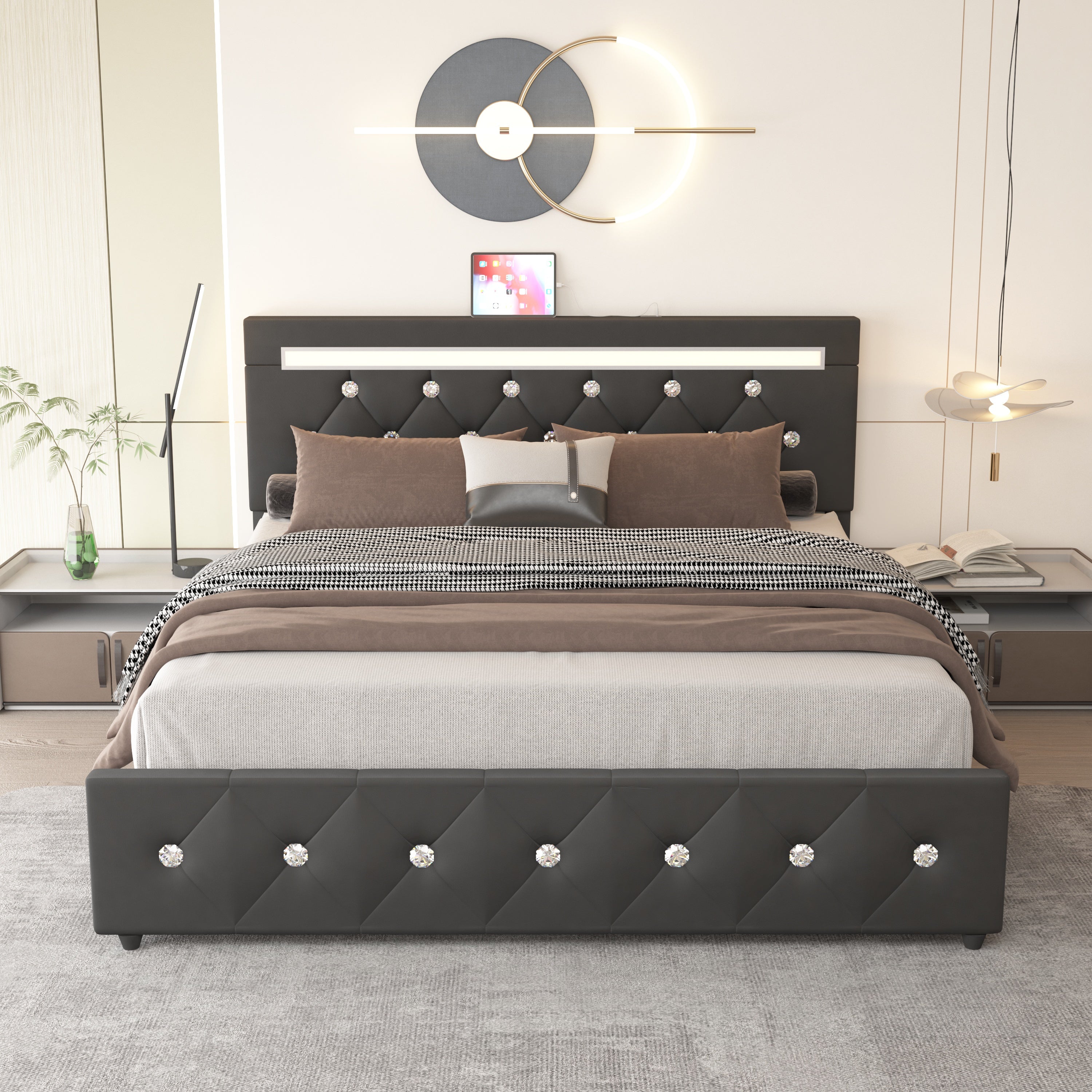 LED Upholstered Bed with Storage & USB
