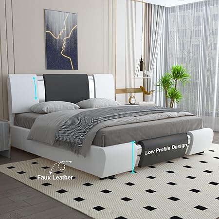 Black and White Upholstered Bed Frame with Headboard