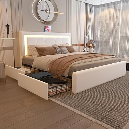 LED Upholstered Bed with Storage