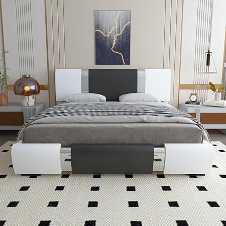 Black and White Upholstered Bed Frame with Headboard