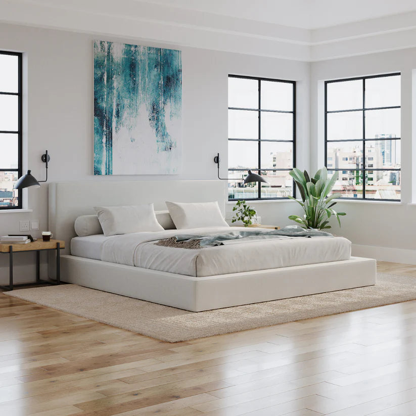 Bed Set with White Upholstered Bed Frame & Headboard